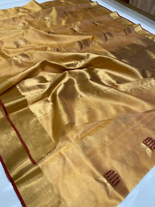 Antique Gold Glow Pure Silk Chanderi Saree draped view with Deep Red Edge Border