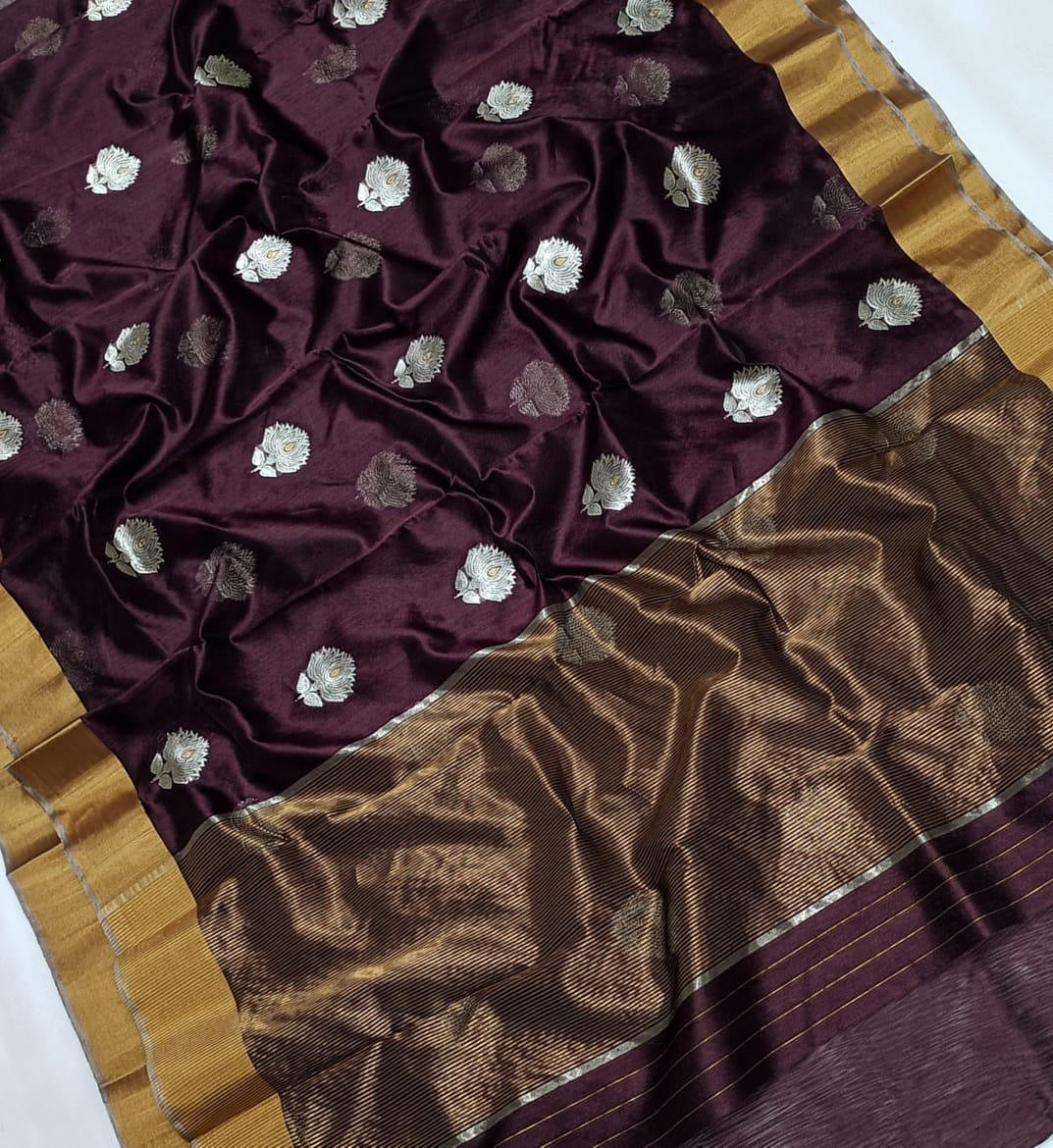 Deep jamun plum Chanderi pattu silk saree with silver floral buttas, gold border and bronze-gold zari pallu