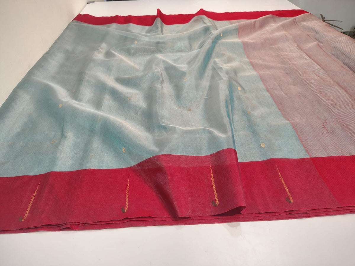 Chanderi Tissue Silk saree showing lagoon-blue body, bright red border and fine metallic pallu lines