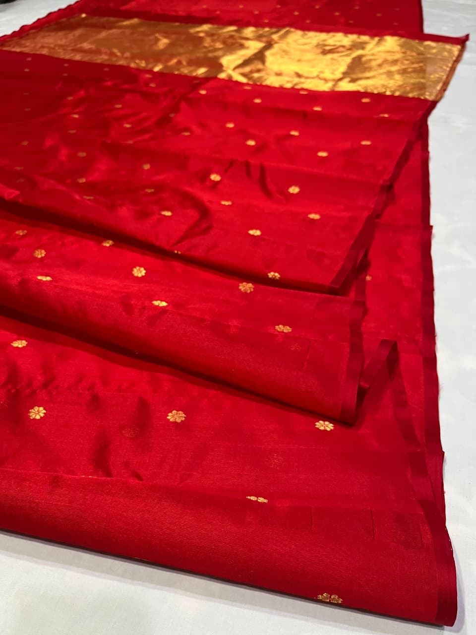 True Red Pure Silk Chanderi Saree with Floral Butta and Traditional Zari