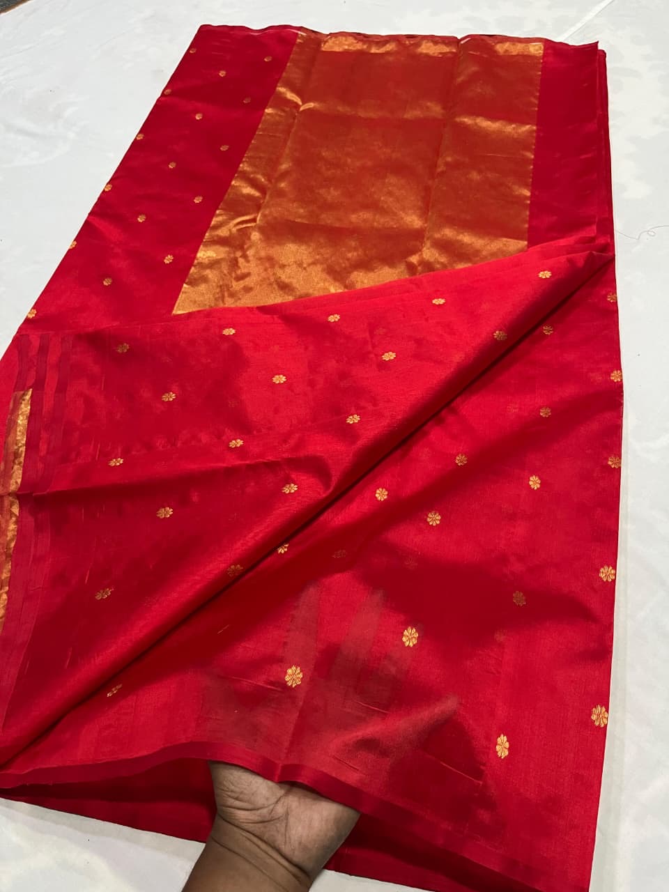 True Red Pure Silk Chanderi Saree with Floral Butta and Traditional Zari