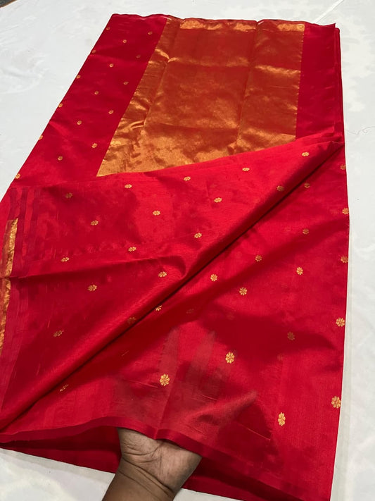 True Red Pure Silk Chanderi Saree with Floral Butta and Traditional Zari