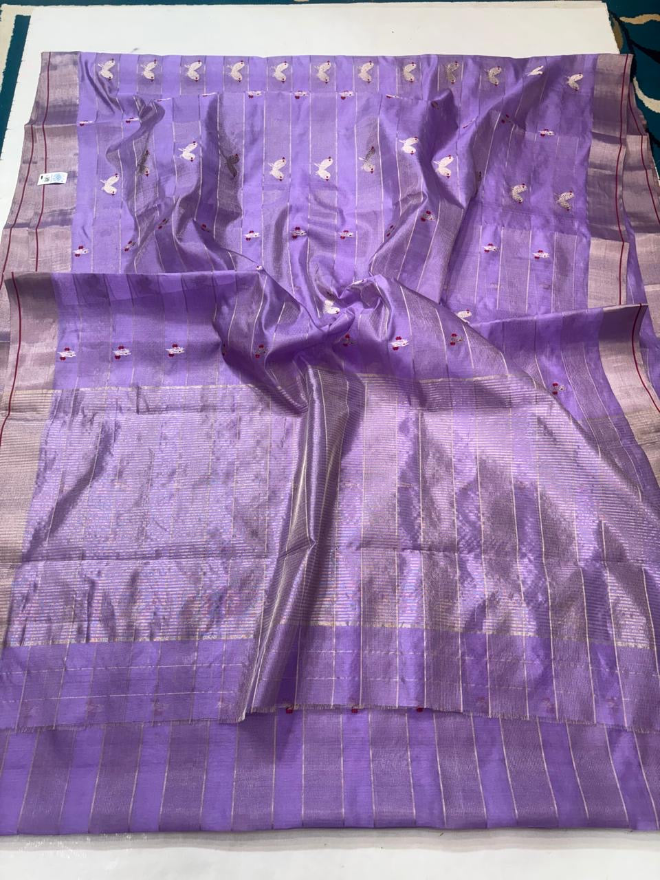 Running blouse fabric of a lavender Chanderi Pattu Silk saree with fine silver lines