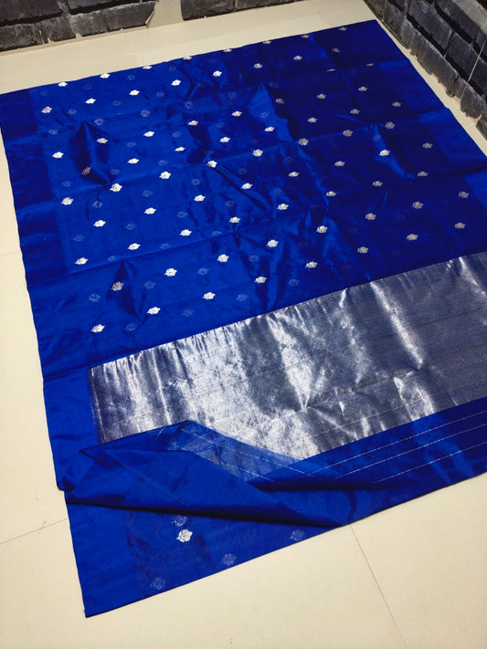 Pure Silk Chanderi Saree – Starlit Blue Brilliance with Floral Butta and Silver Zari Border