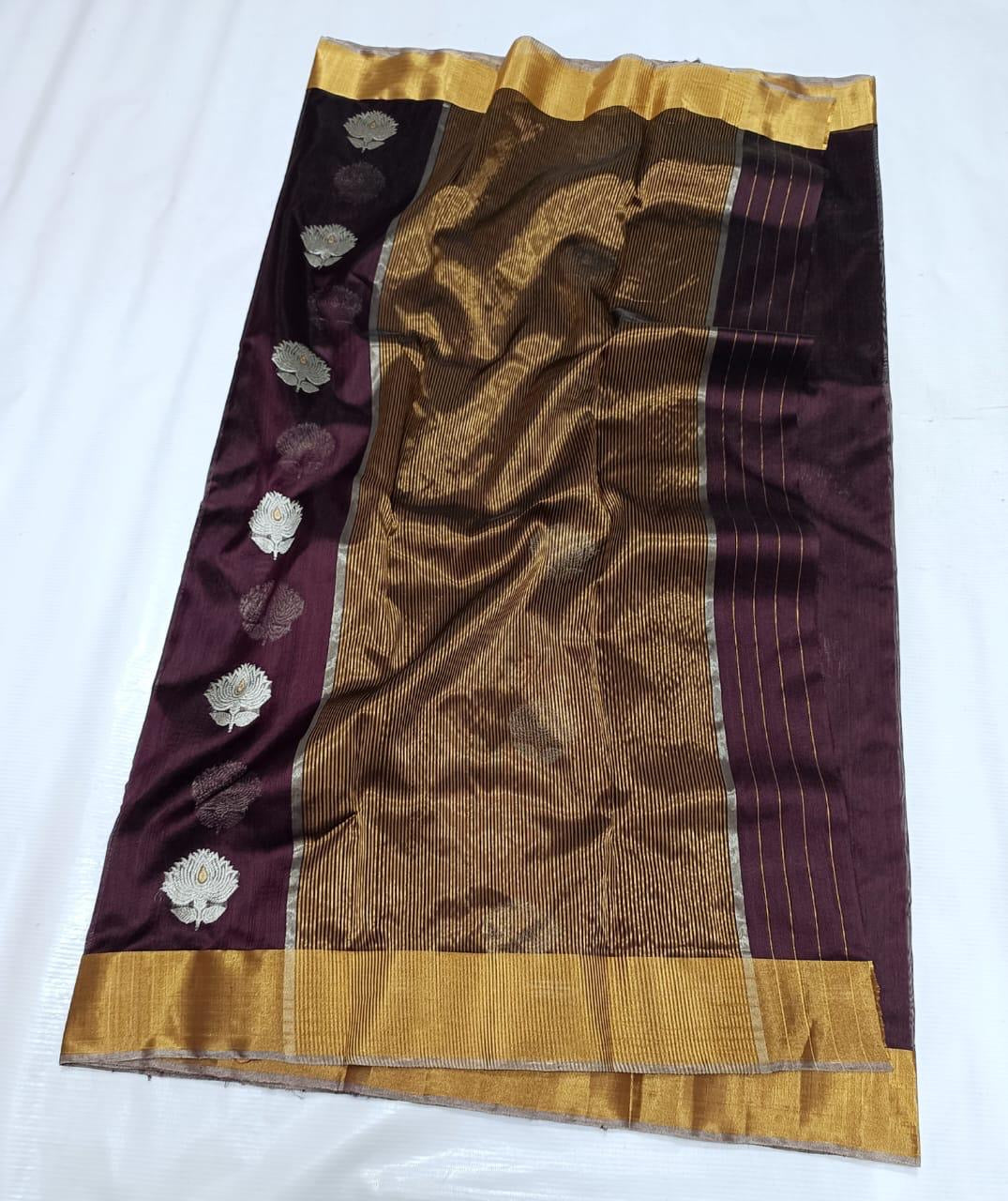 Deep jamun plum Chanderi saree pallu with bronze-gold lines