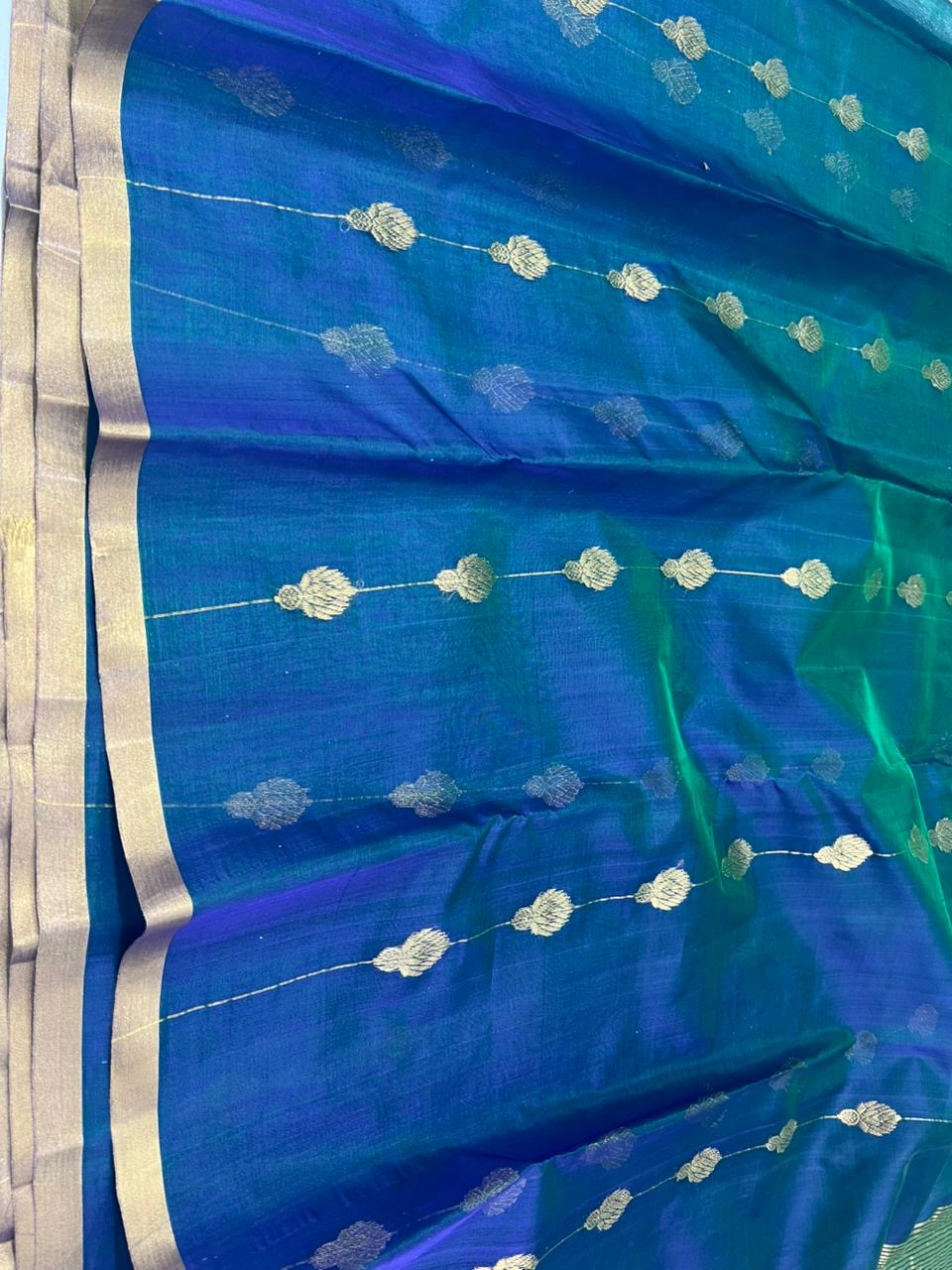 Blue green Chanderi silk saree with luminous finish perfect for weddings and gatherings