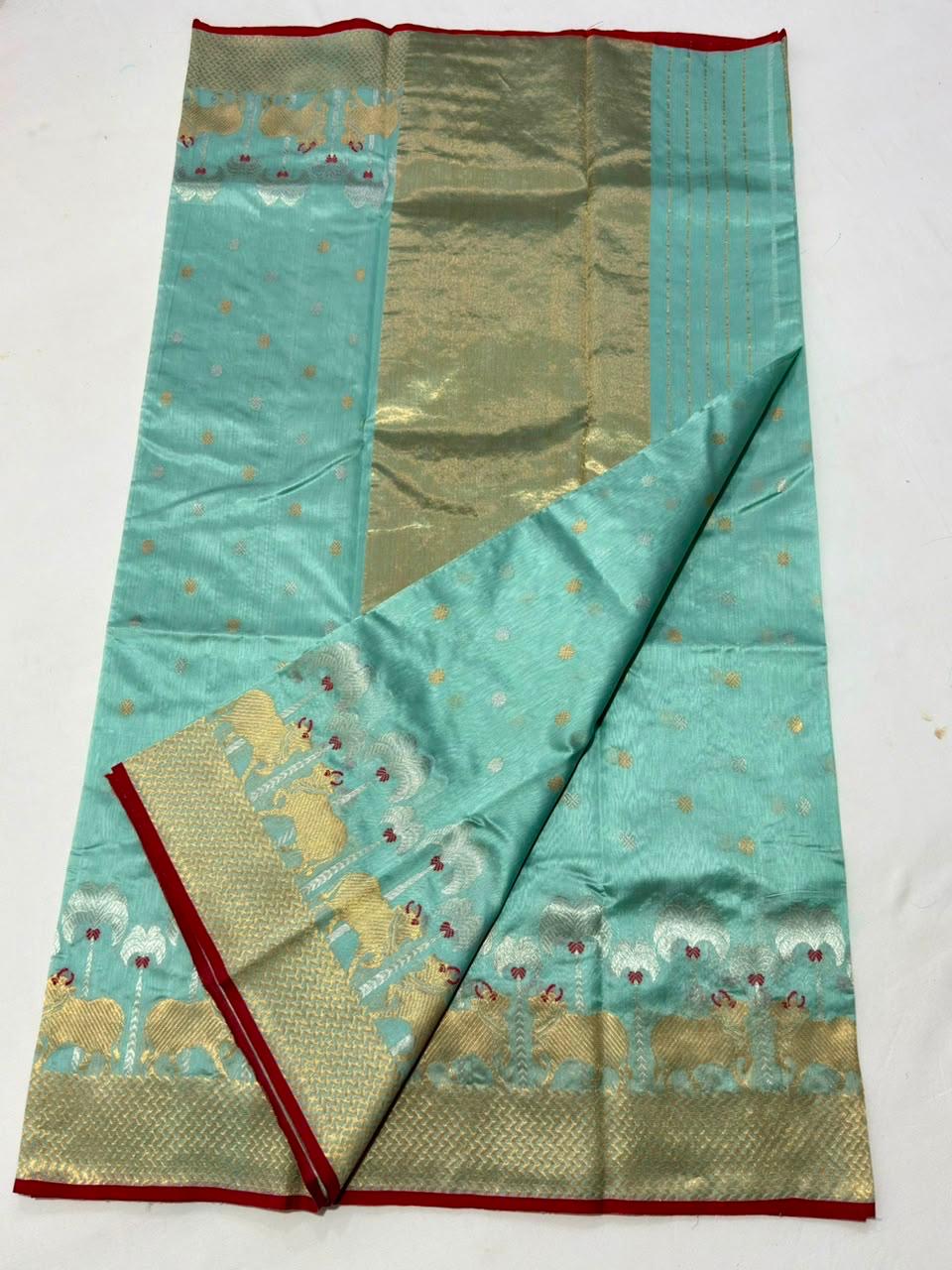 Seafoam blue Chanderi saree pallu with a soft wash of zari