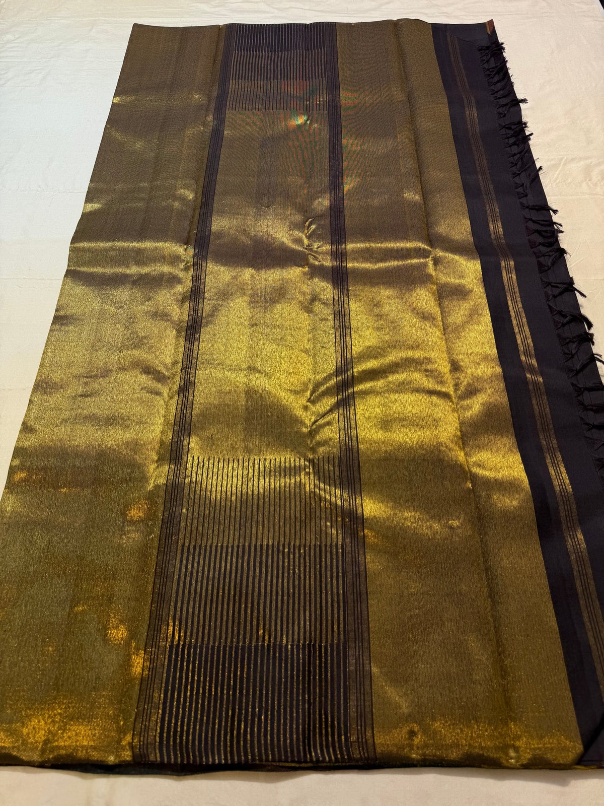 Charcoal Black multicolour Ettukol Kanjivaram saree full view