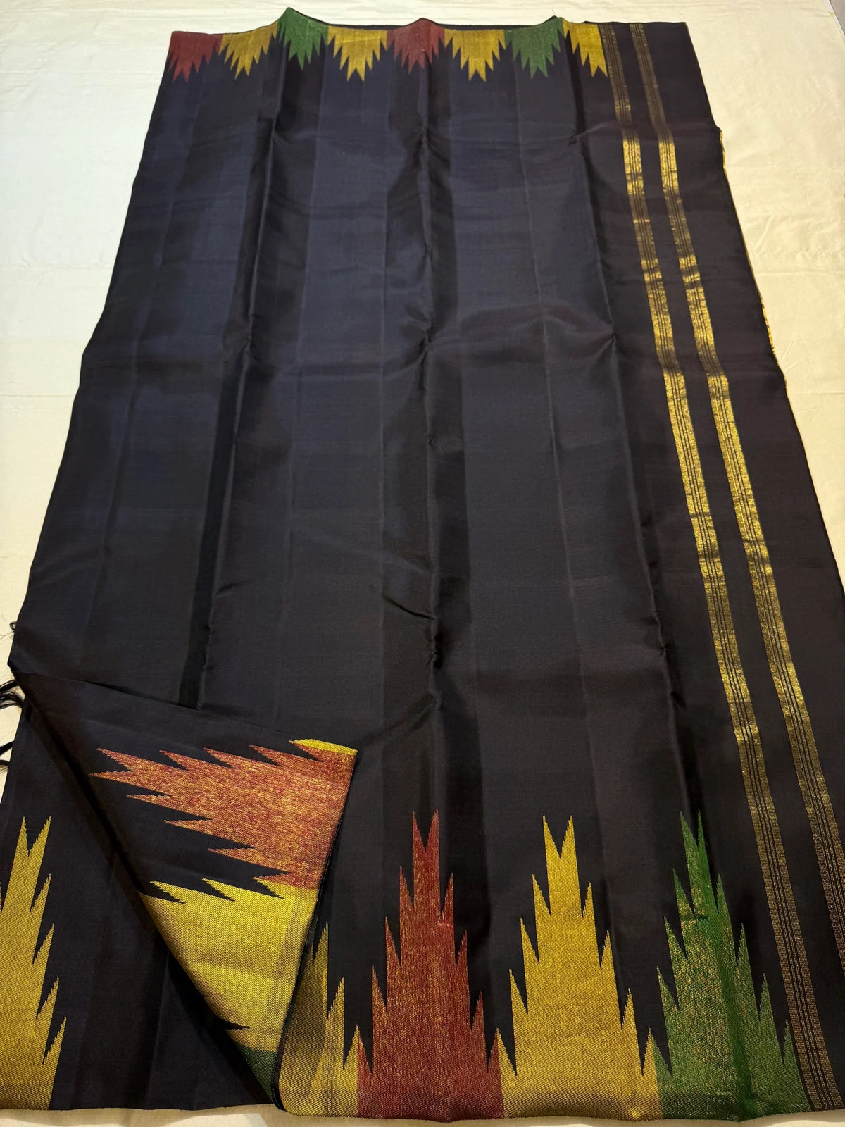Charcoal Kanjivaram pure silk saree Ettukol weave
