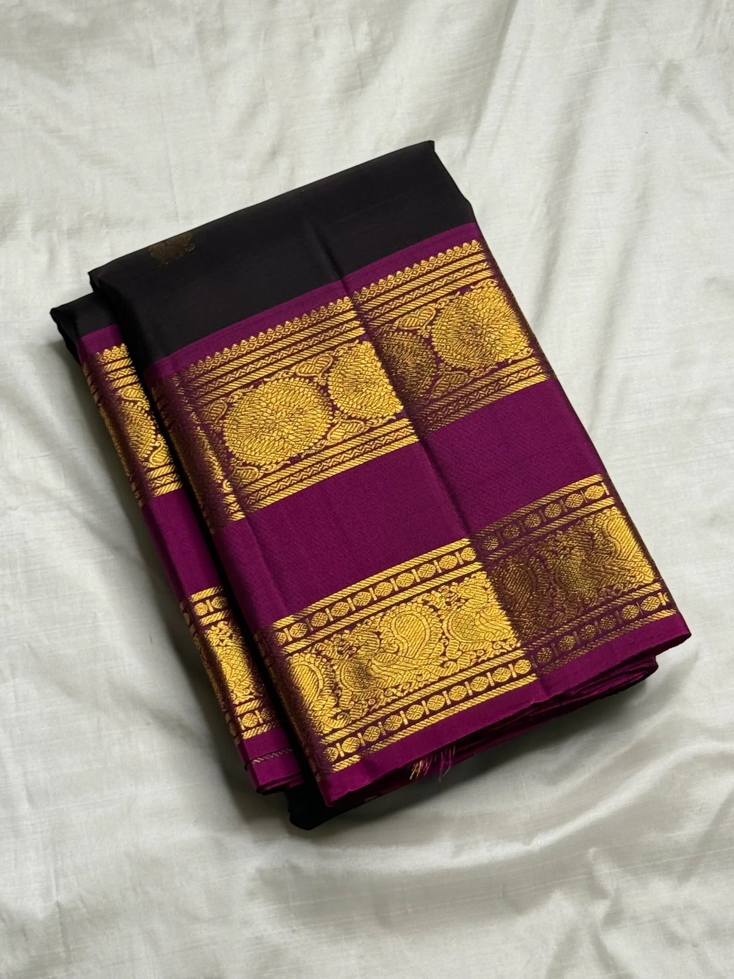 Gold zari check body of dark charcoal zari kattam Kancheepuram silk saree with kamalam butta — Idam Living