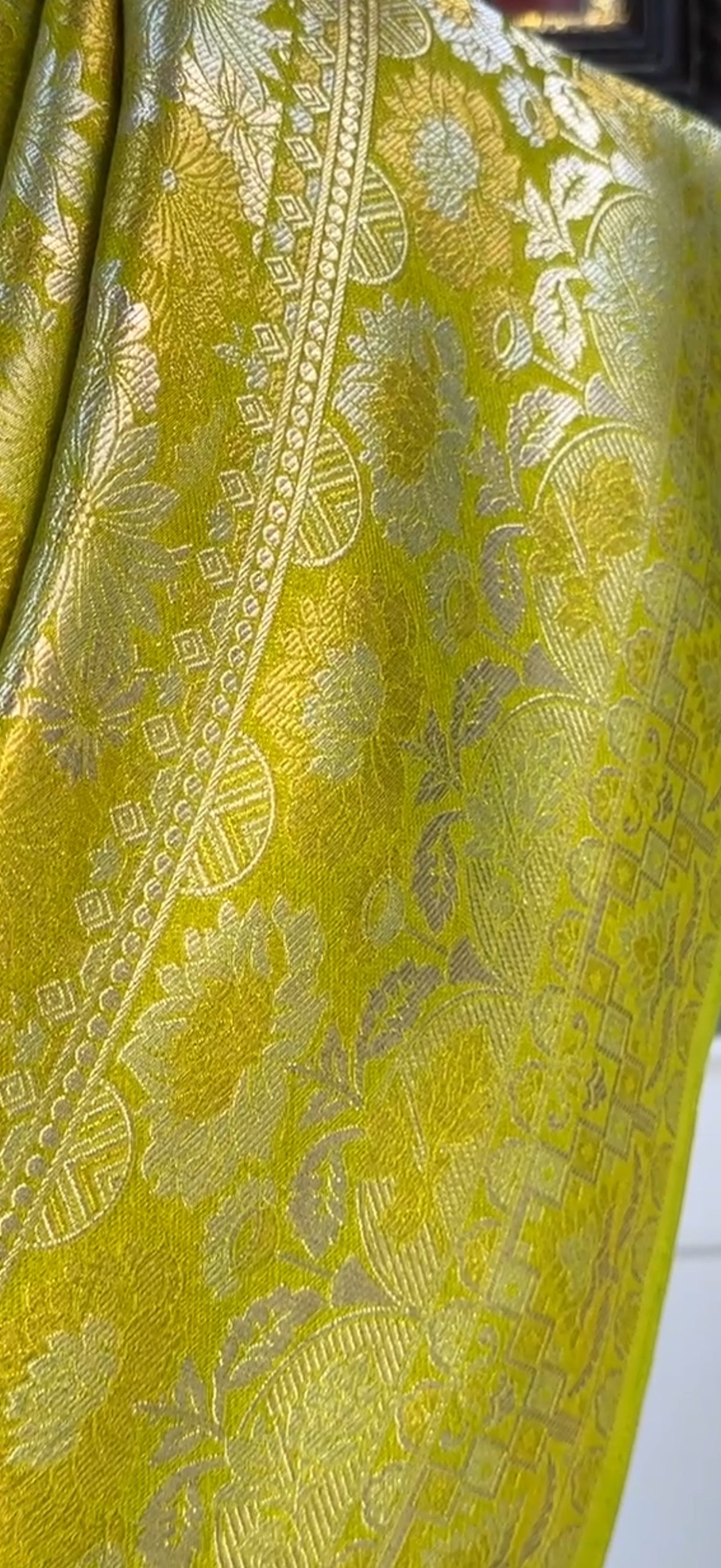 Chartreuse Banarasi handloom saree with Sona Rupa silver and gold zari detailing