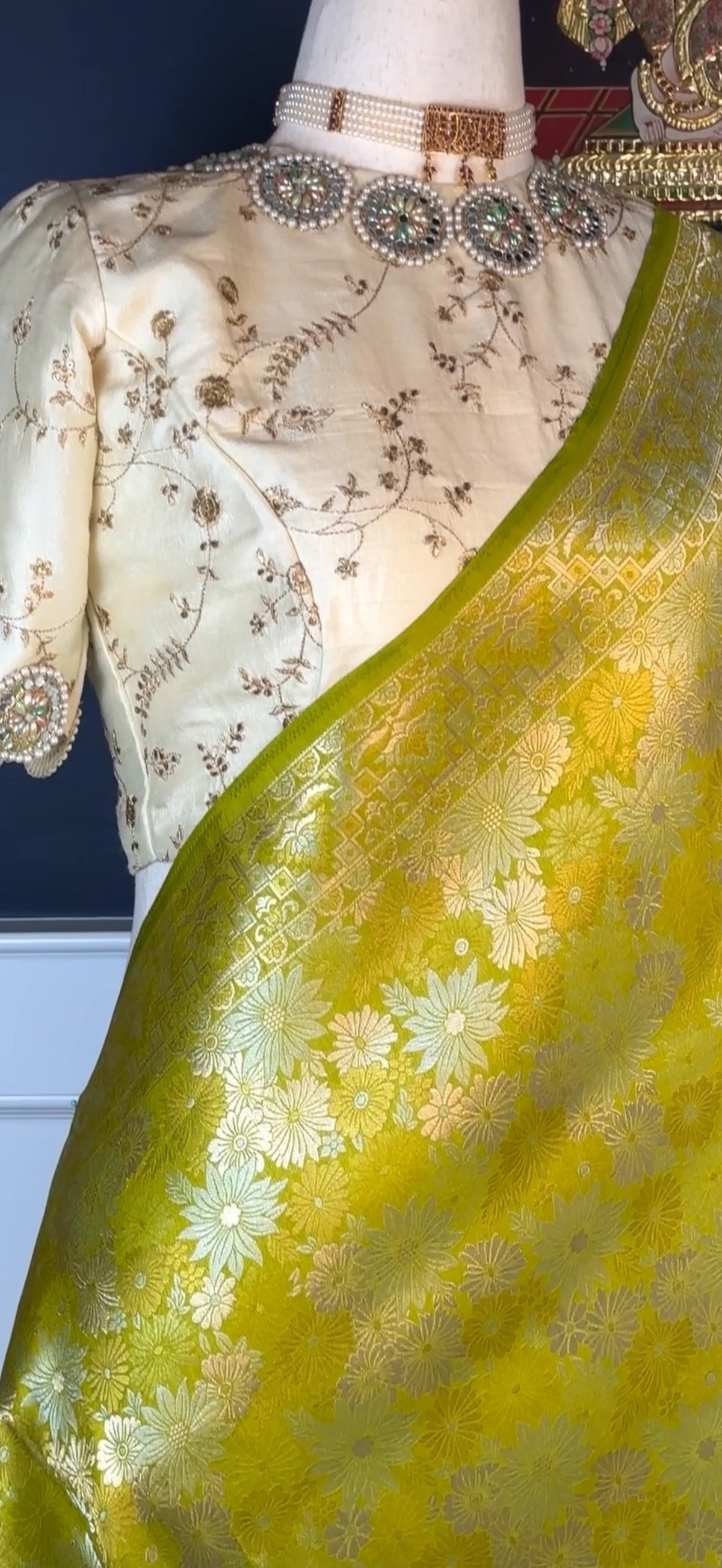 Chartreuse Banarasi handloom saree with silver and gold Sona Rupa zari border