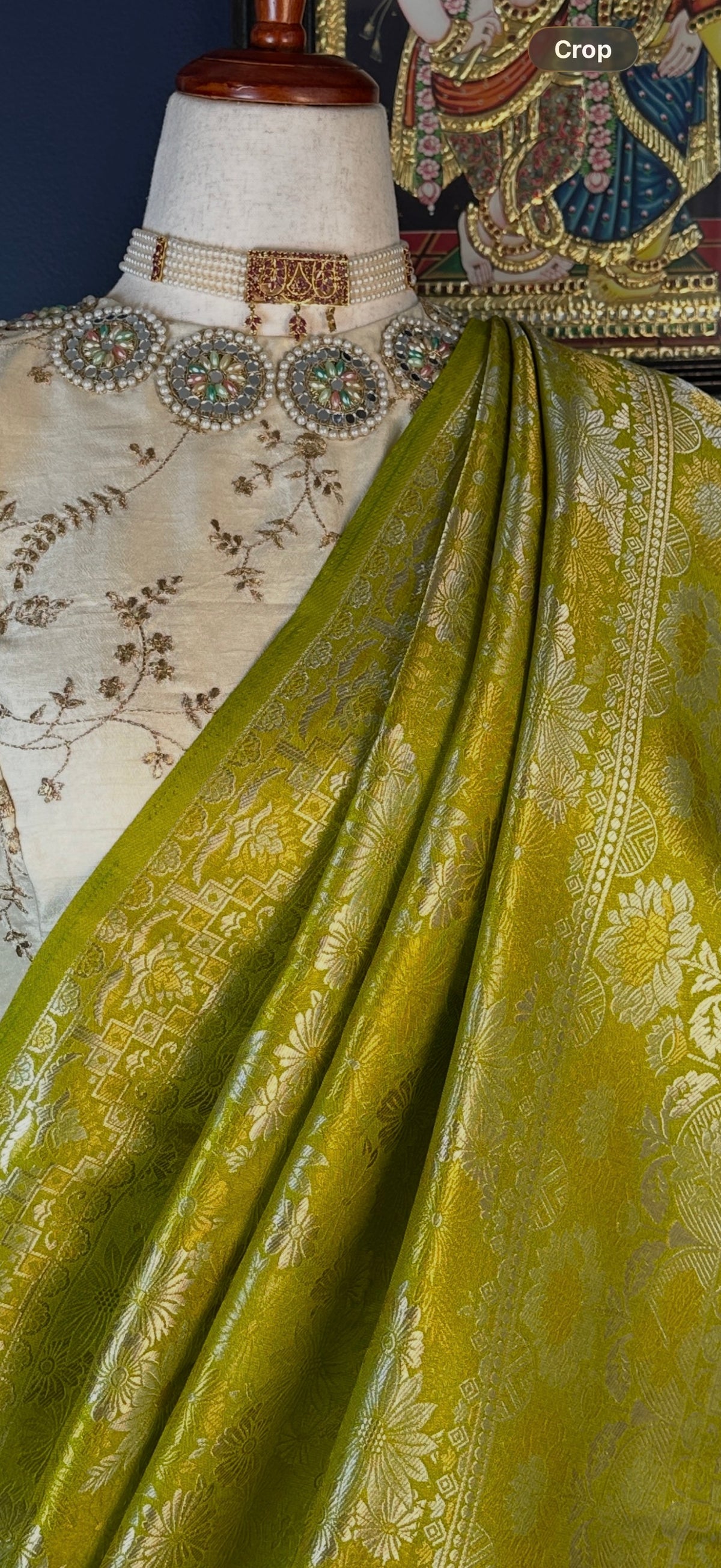 Full drape of Chartreuse handwoven Banarasi silk saree by Idam Living