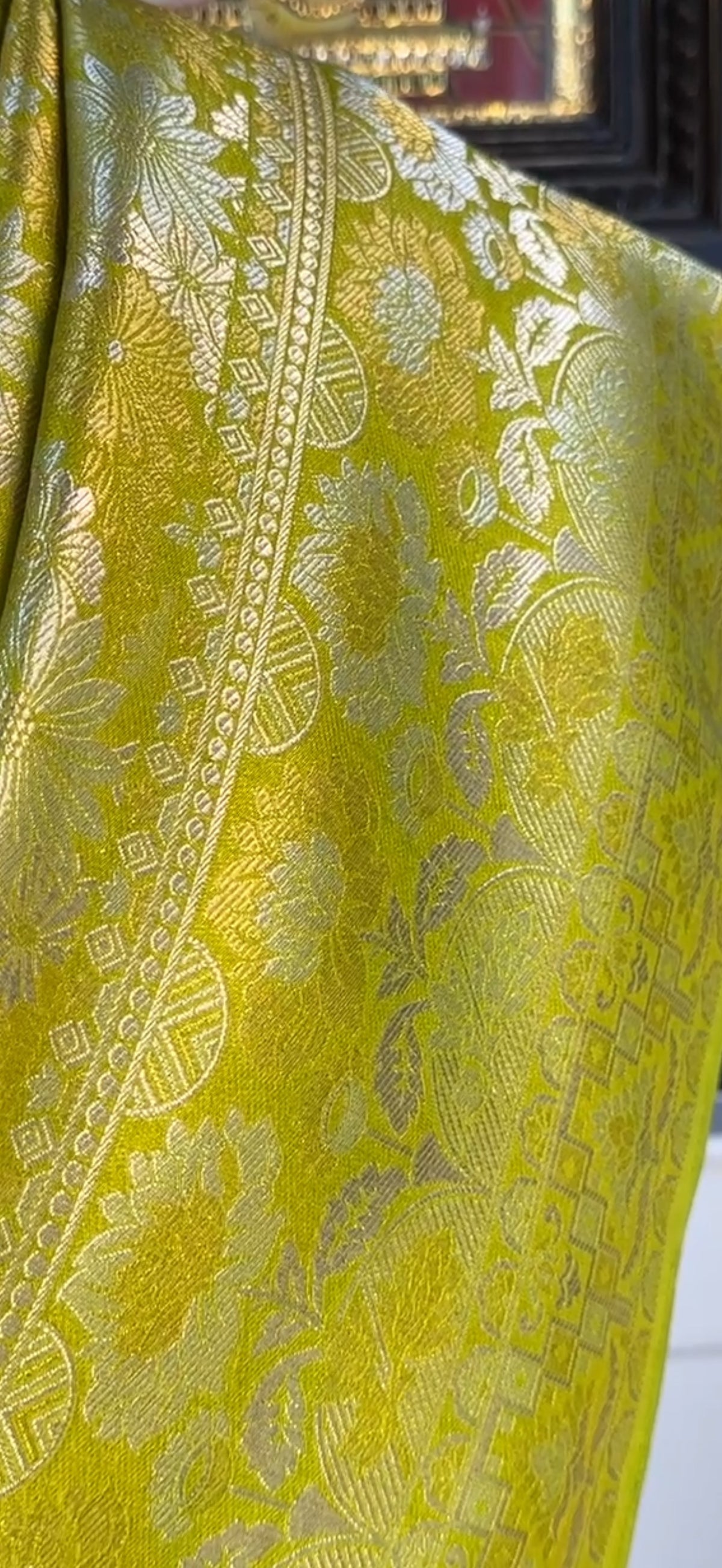 Chartreuse Pure Katan Silk Banarasi saree with Sona Rupa silver gold zari raindrop buttas – Idam Living