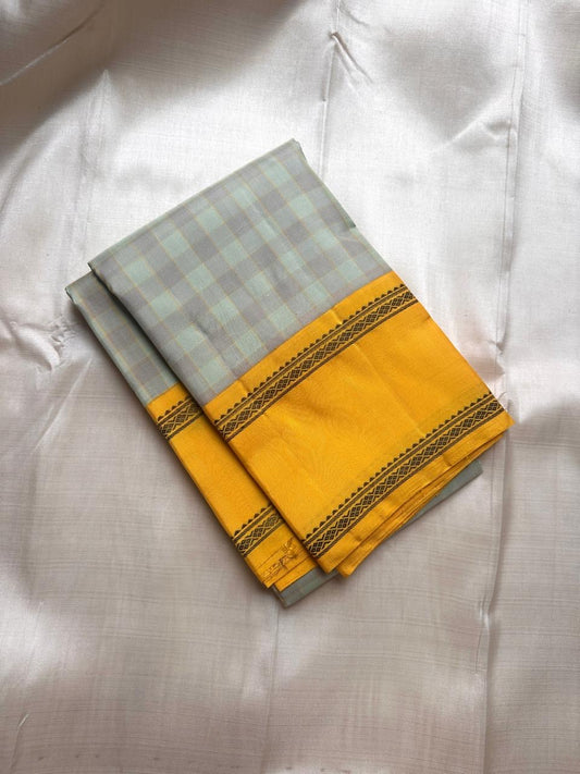 Folded sage and grey checked Kanchipuram silk saree with mustard zari border, shipped from New Jersey USA