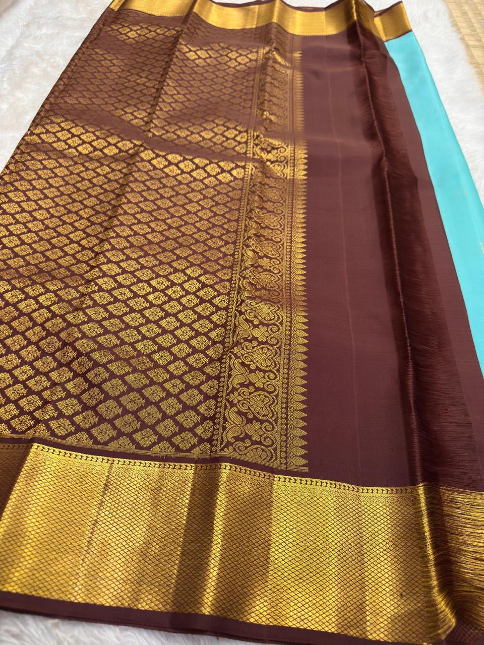 Chocolate Brown Gatti zari border densely woven in gold on Kanchipuram silk.