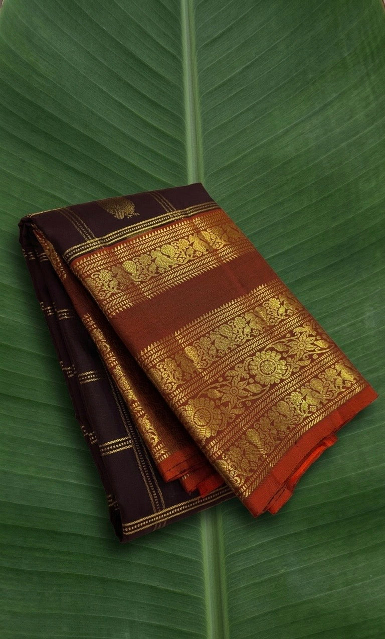 Mayil butta in gold zari close-up on chocolate brown Kancheepuram pure silk saree — Idam Living
