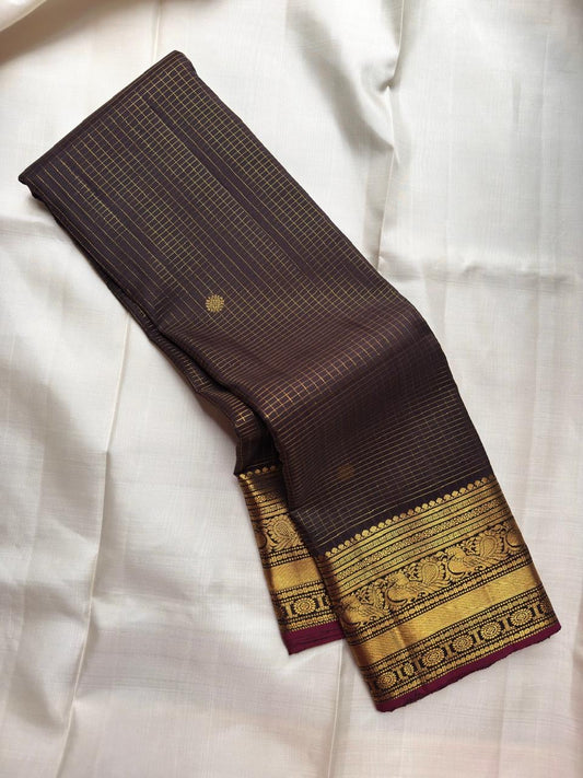 Chocolate Brown Handwoven Pure Silk Kanchipuram Saree with Zari Kattam and Mayil Butta Rudhraksham Border