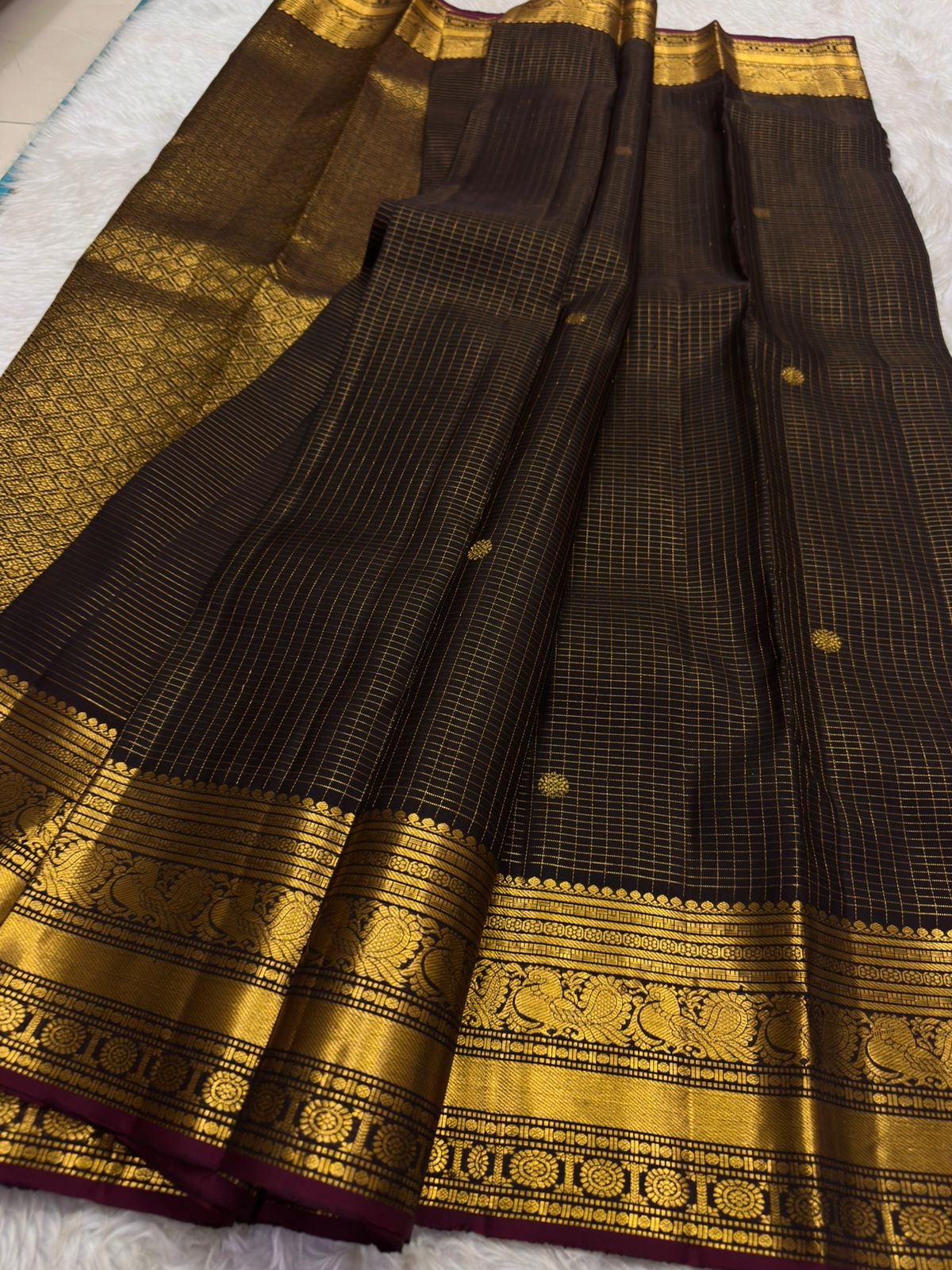 Chocolate Brown Handwoven Pure Silk Kanchipuram Saree with Zari Kattam and Mayil Butta Rudhraksham Border