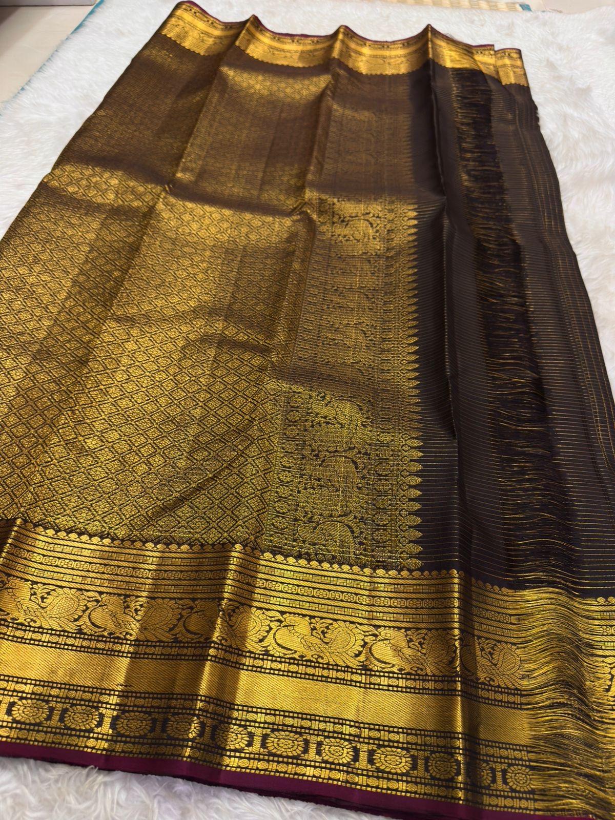 Chocolate Brown Handwoven Pure Silk Kanchipuram Saree with Zari Kattam and Mayil Butta Rudhraksham Border
