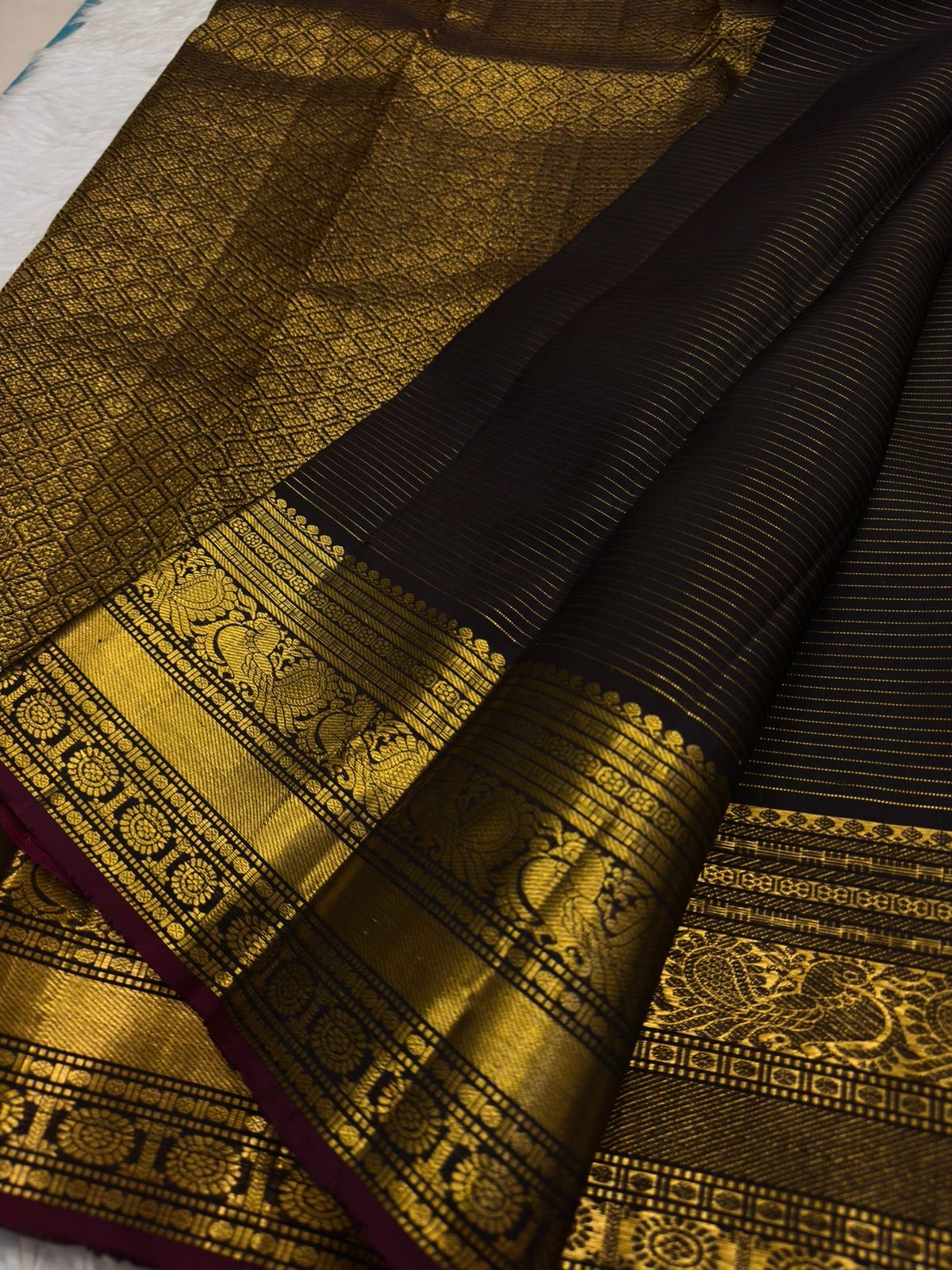 Chocolate Brown Handwoven Pure Silk Kanchipuram Saree with Zari Kattam and Mayil Butta Rudhraksham Border