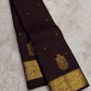 Deep chocolate brown handwoven pure silk Kanjipuram saree with Maanga paisley butta and ornate antique gold zari border overview
