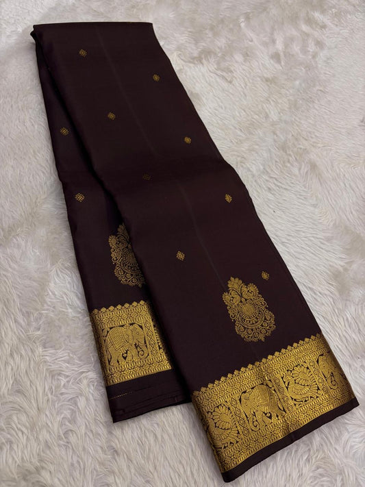 Deep chocolate brown handwoven pure silk Kanjipuram saree with Maanga paisley butta and ornate antique gold zari border overview