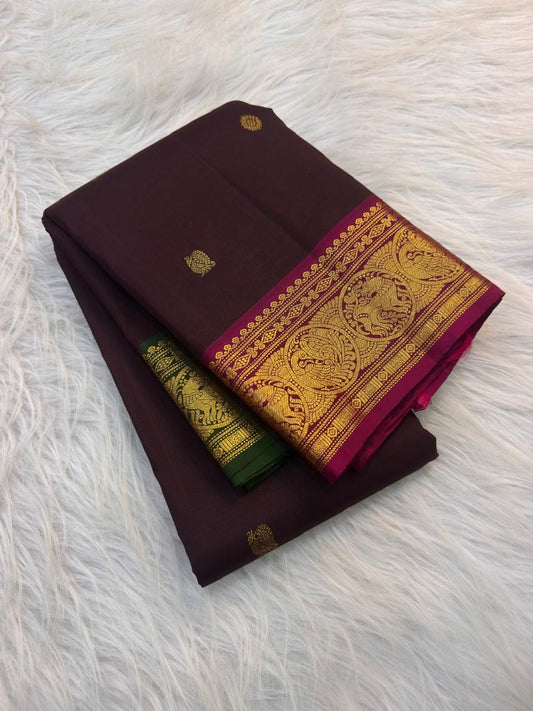 Chocolate brown Pure Silk Kanchipuram Butta saree with Mayil Chakram zari motifs