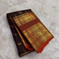 Chocolate brown pure silk Kanchipuram saree flat lay with varisaipet and korvai border — Idam Living