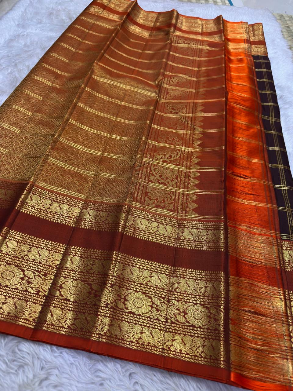 Rust orange vanasringaram gold zari pallu on chocolate brown Kancheepuram pure silk saree — Idam Living