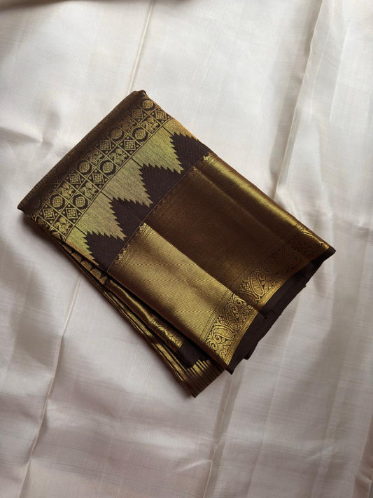 Chocolate Brown Handwoven Pure Silk Kanchi Pattu Saree with Vairaoosi and Gold Zari Border