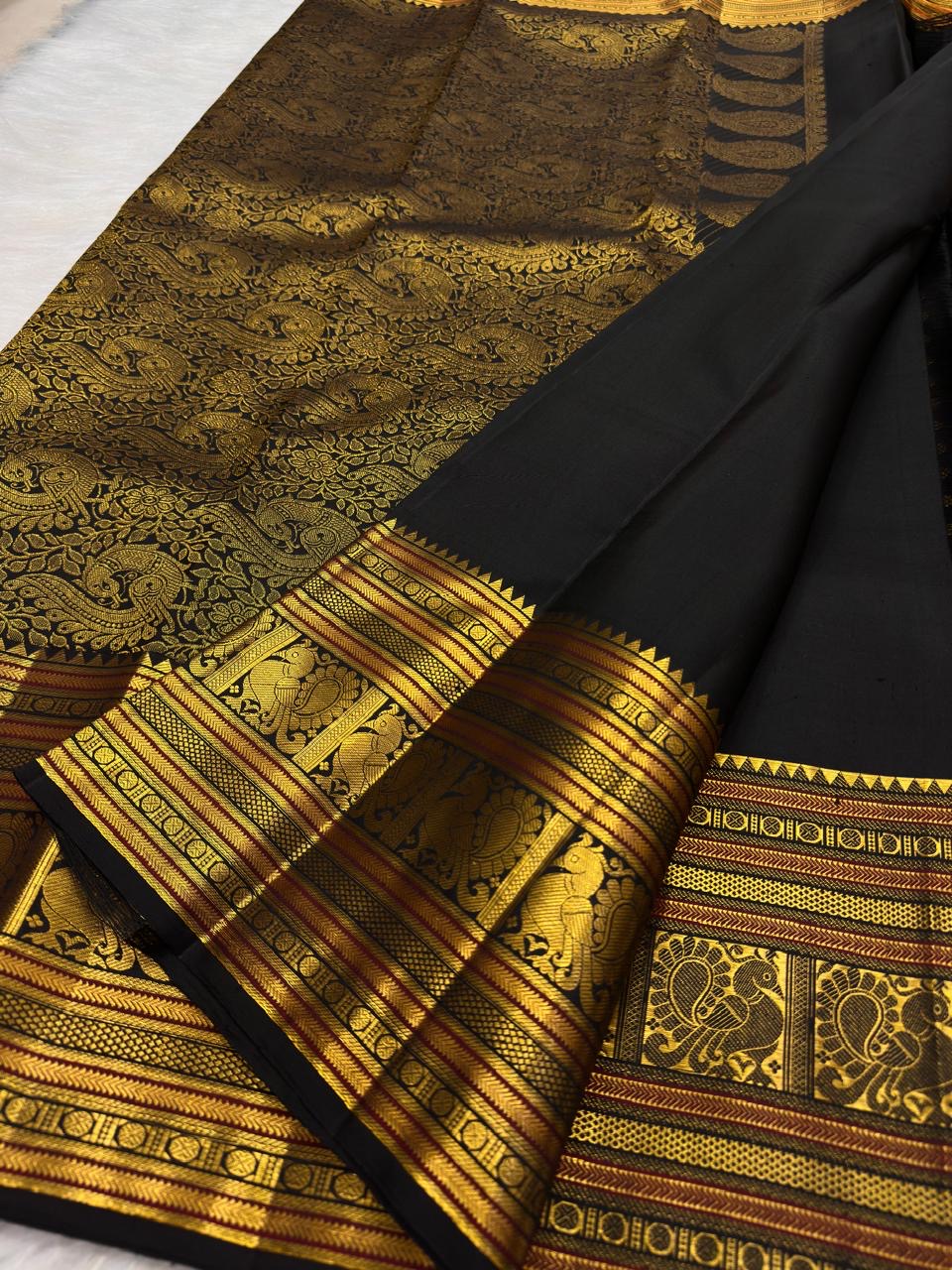 Classic Black handwoven pure silk Kancheepuram Butta saree — full angled view — Idam Living