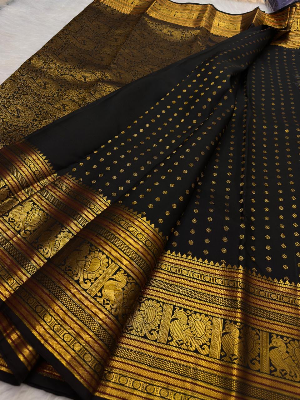 Classic Black handwoven pure silk Kancheepuram Butta saree — full front view — Idam Living