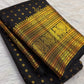Classic Black Pure Silk KanchiPattu Saree — full saree overview, Butta weave with temple border — Idam Living