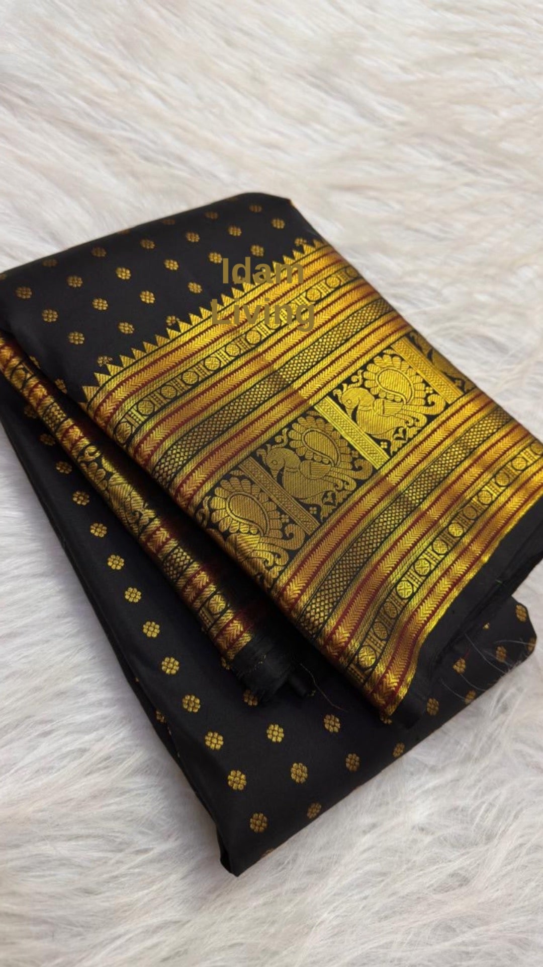 Classic Black Pure Silk KanchiPattu Saree — full saree overview, Butta weave with temple border — Idam Living