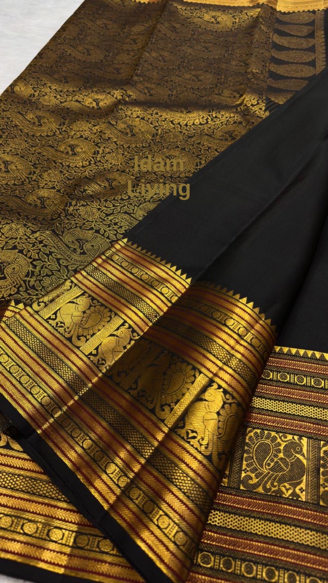 Classic Black KanchiPattu Saree — folded full saree view