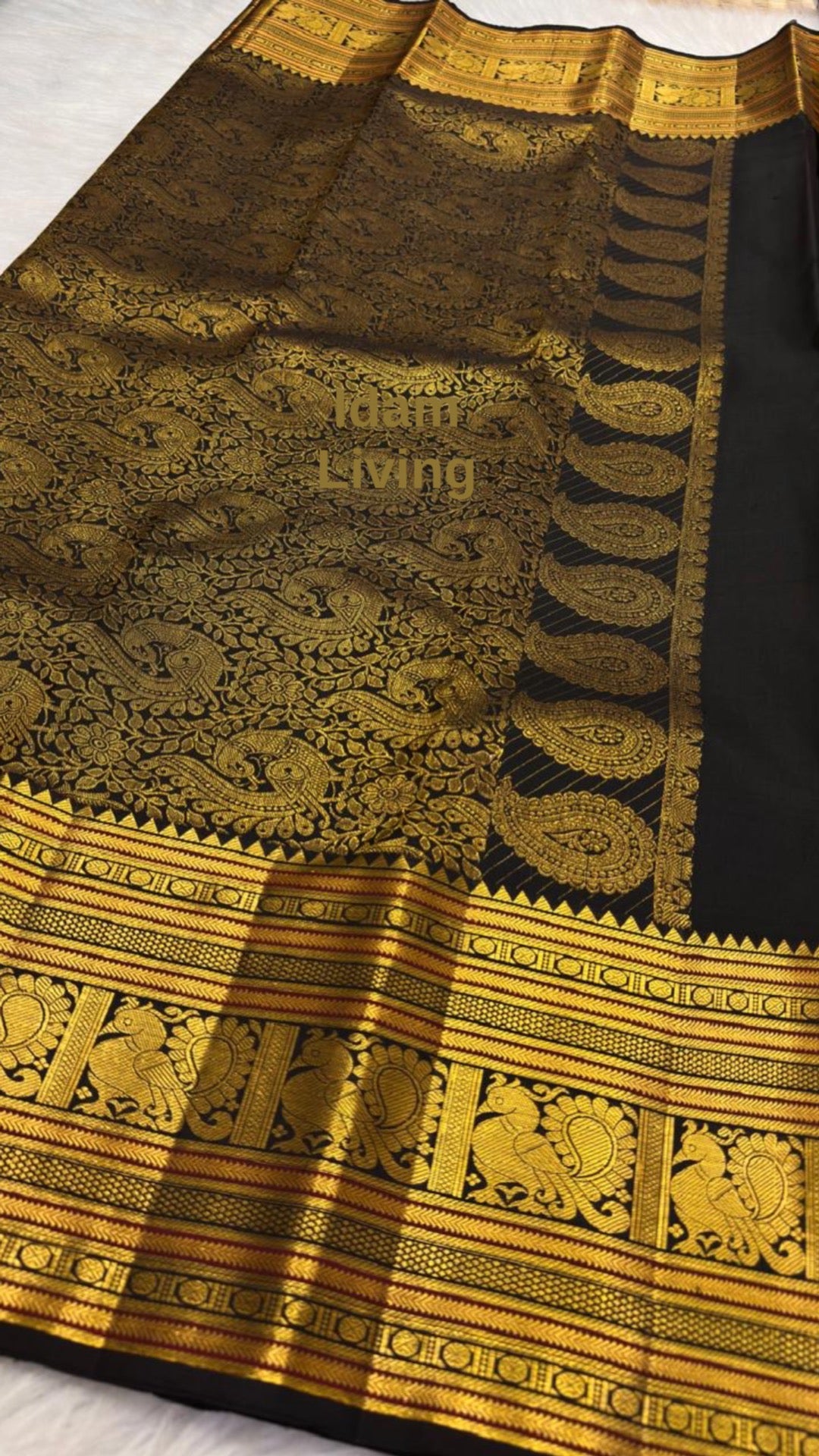 Classic Black KanchiPattu Saree — full drape, pure silk Kanchipuram handwoven — Idam Living