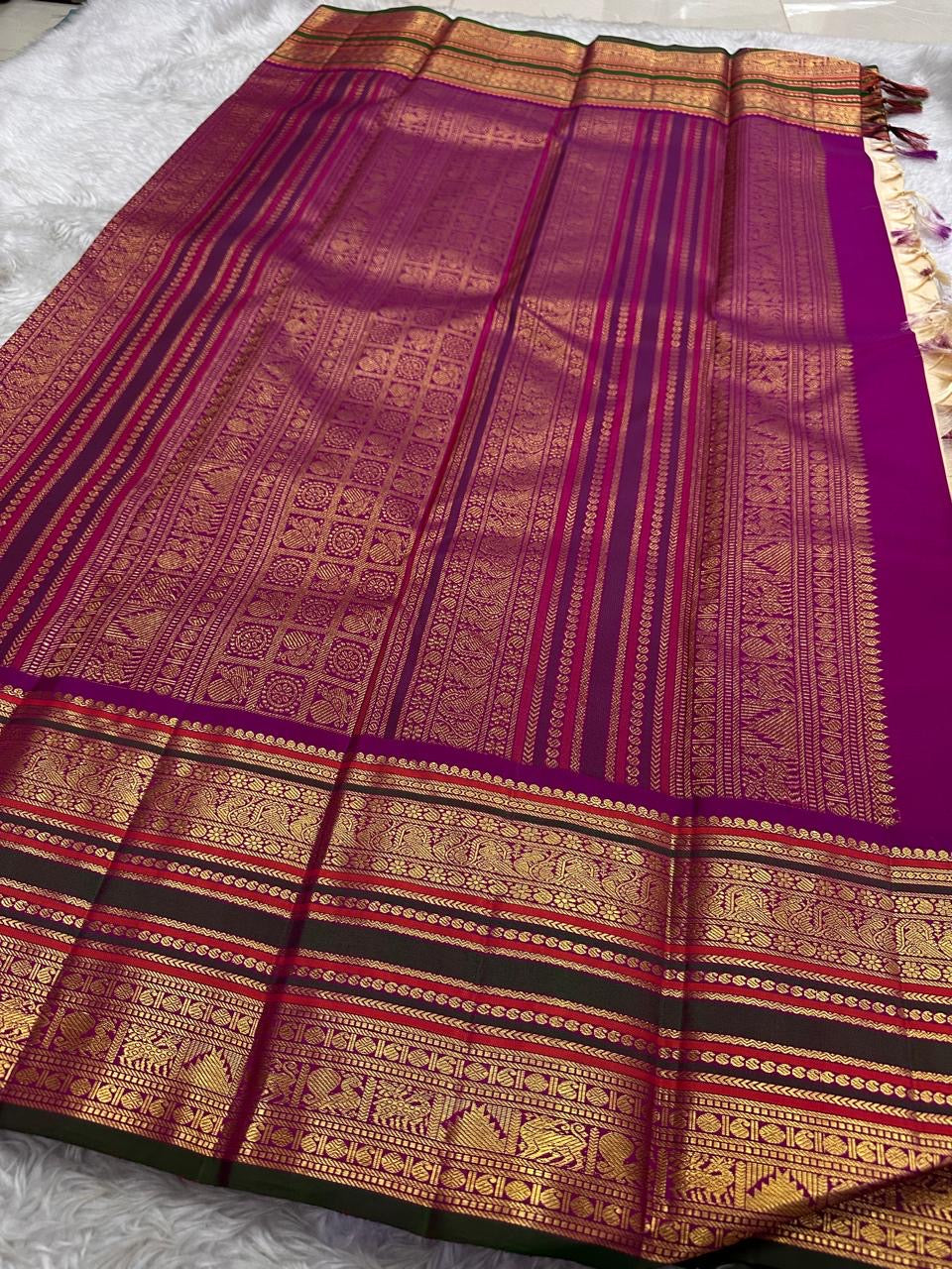 Classic Ivory Kanjipuram Saree — full drape, pure silk Kanchipuram handwoven — Idam Living