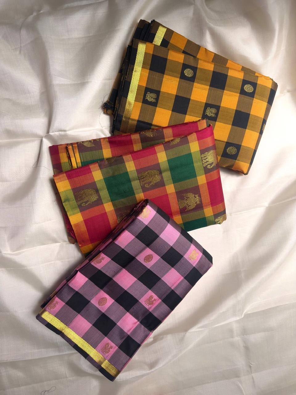 Black and Rose Pink checked Kanjivaram with antique gold zari detailing