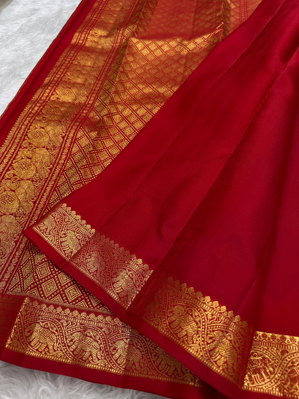 Classic Red Handwoven Pure Silk Kancheepuram Saree with Small Gold Buttas & Petite Zari Elephant Border