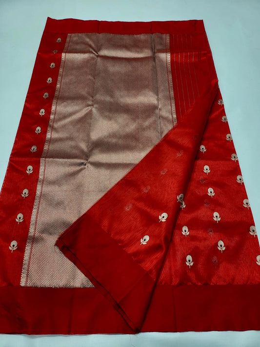 Classic red Chanderi silk saree folded view with butti motifs and antique gold zari pallu