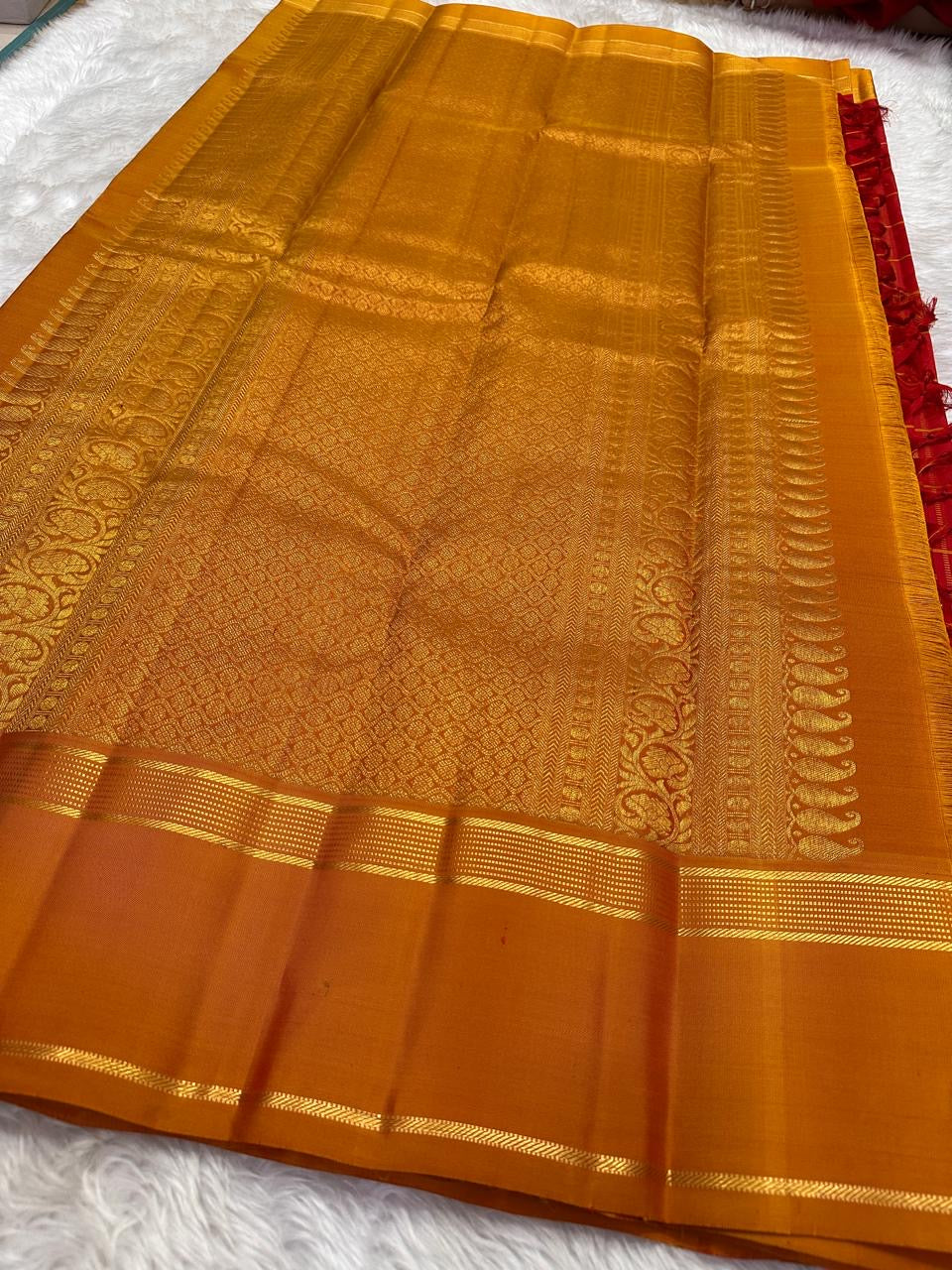 Classic Red pure silk Kanjeevaram saree — mustard lightweight