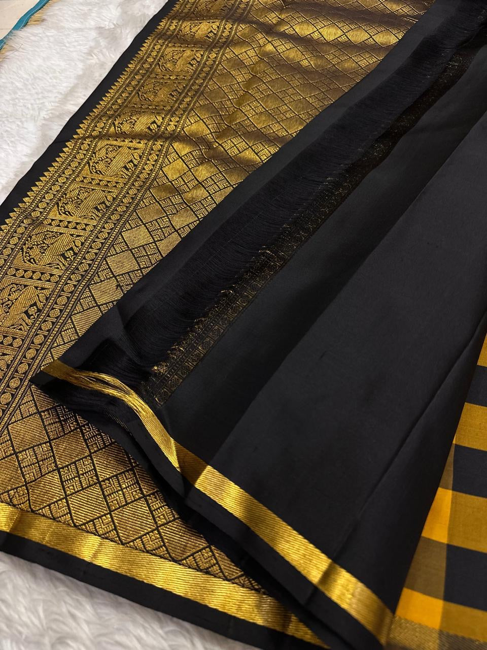 Black and Turmeric Yellow checked Kanjivaram with antique gold zari detailing