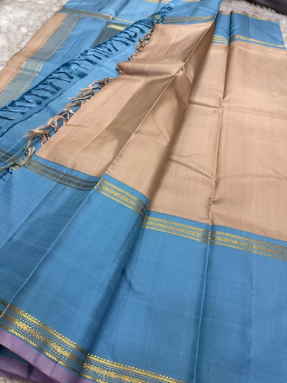 Pure Kanchipuram silk saree pallu view with taupe beige field and blue rettapet edge, available in the USA
