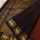 Close view of black zari woven pallu with dense gold geometric weave and elephant border detailing on Pure Kanchipuram silk saree.