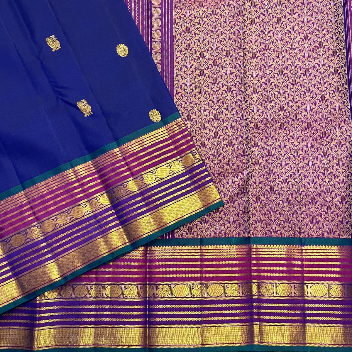 Cobalt blue Varisaipet Pure Silk Kanjeevaram saree with red silk and gold zari border