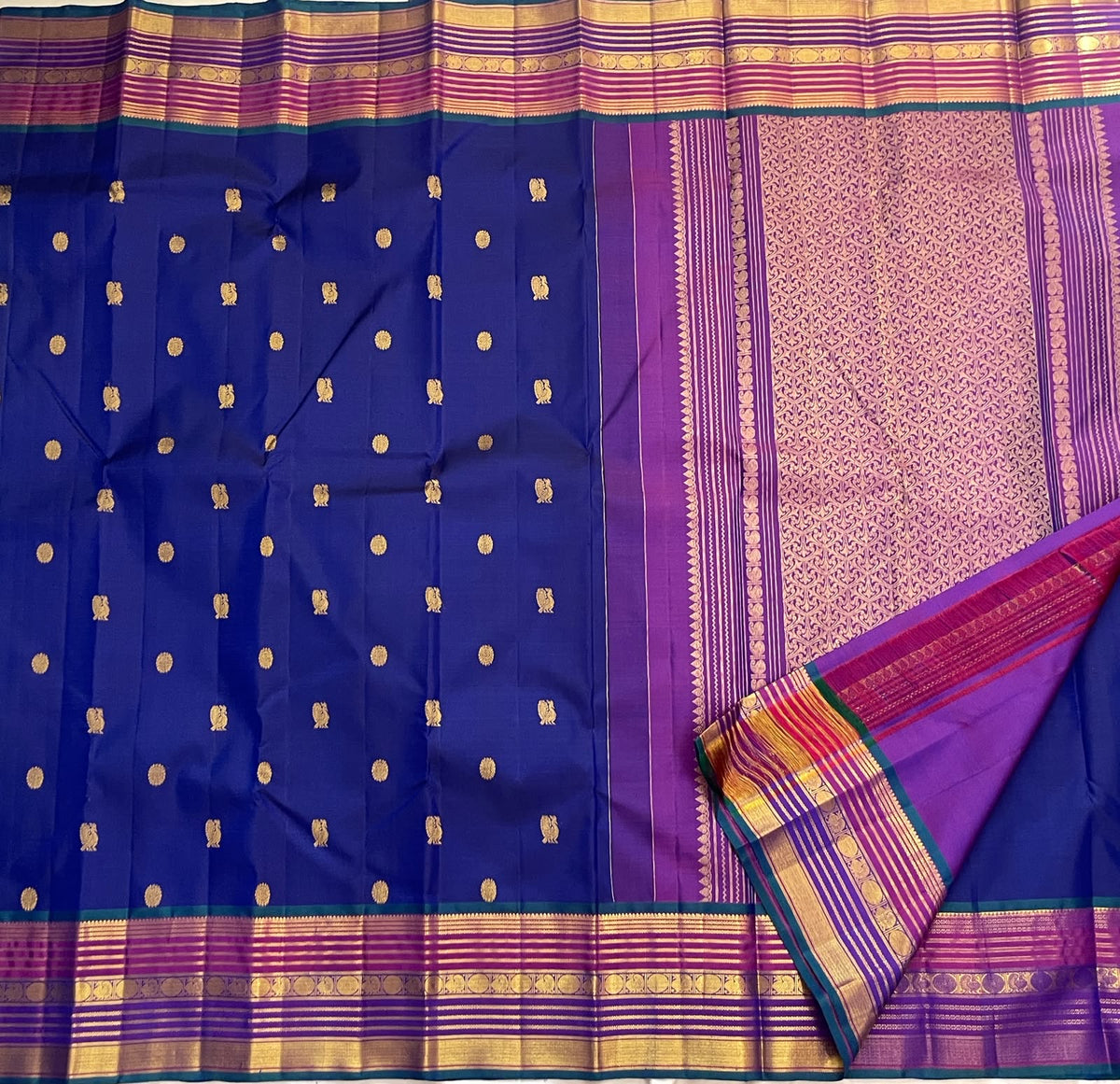 Blue Kanjeevaram silk body with spaced traditional gold zari buttas and rhythmic border rows