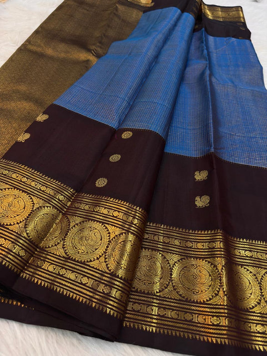 Cobalt blue Zari Kattam Kanjivaram saree – body and border view