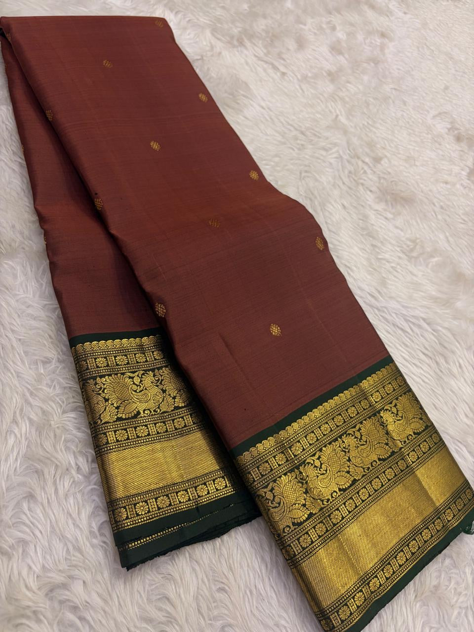 Cocoa brown Kanjeevaram silk saree with delicate small zari butta detail