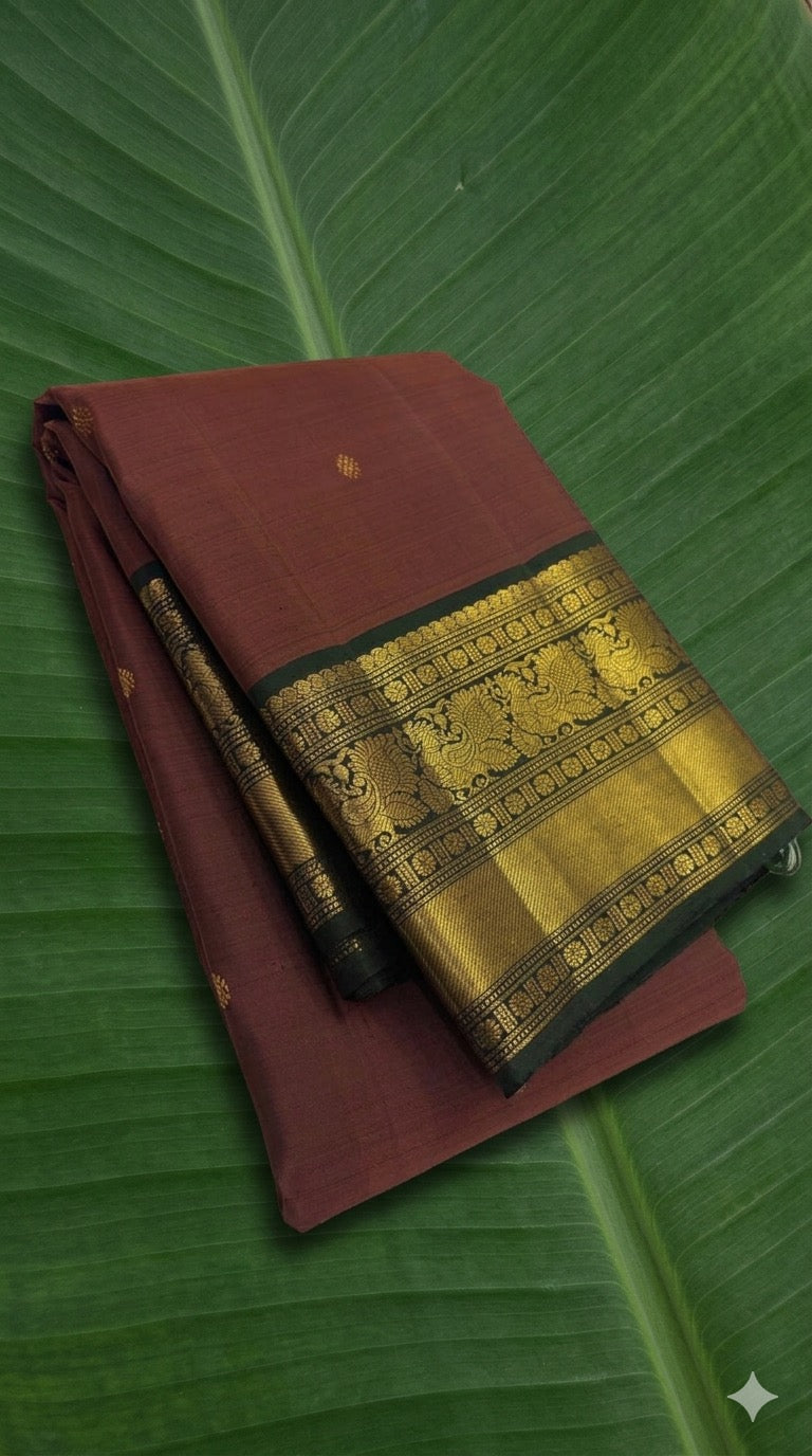 Cocoa brown korvai Kanjivaram silk saree with small zari butta and deep forest green border – Idam Living
